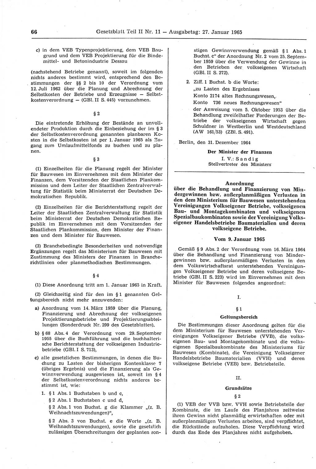 Gesetzblatt (GBl.) der Deutschen Demokratischen Republik (DDR) Teil ⅠⅠ 1965, Seite 66 (GBl. DDR ⅠⅠ 1965, S. 66)