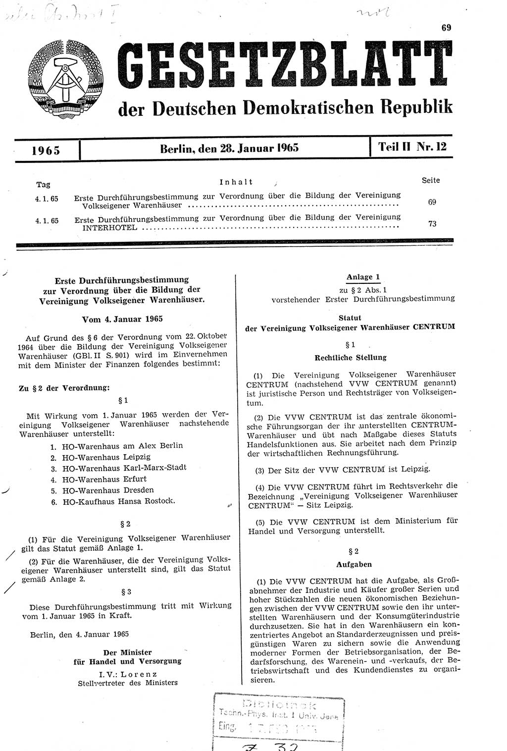 Gesetzblatt (GBl.) der Deutschen Demokratischen Republik (DDR) Teil ⅠⅠ 1965, Seite 69 (GBl. DDR ⅠⅠ 1965, S. 69)