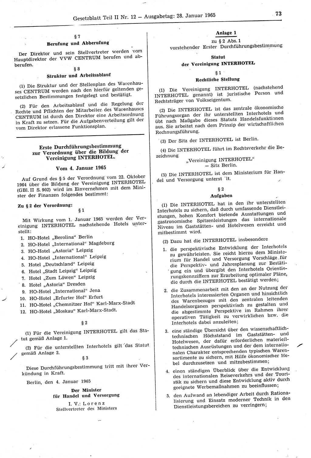 Gesetzblatt (GBl.) der Deutschen Demokratischen Republik (DDR) Teil ⅠⅠ 1965, Seite 73 (GBl. DDR ⅠⅠ 1965, S. 73)