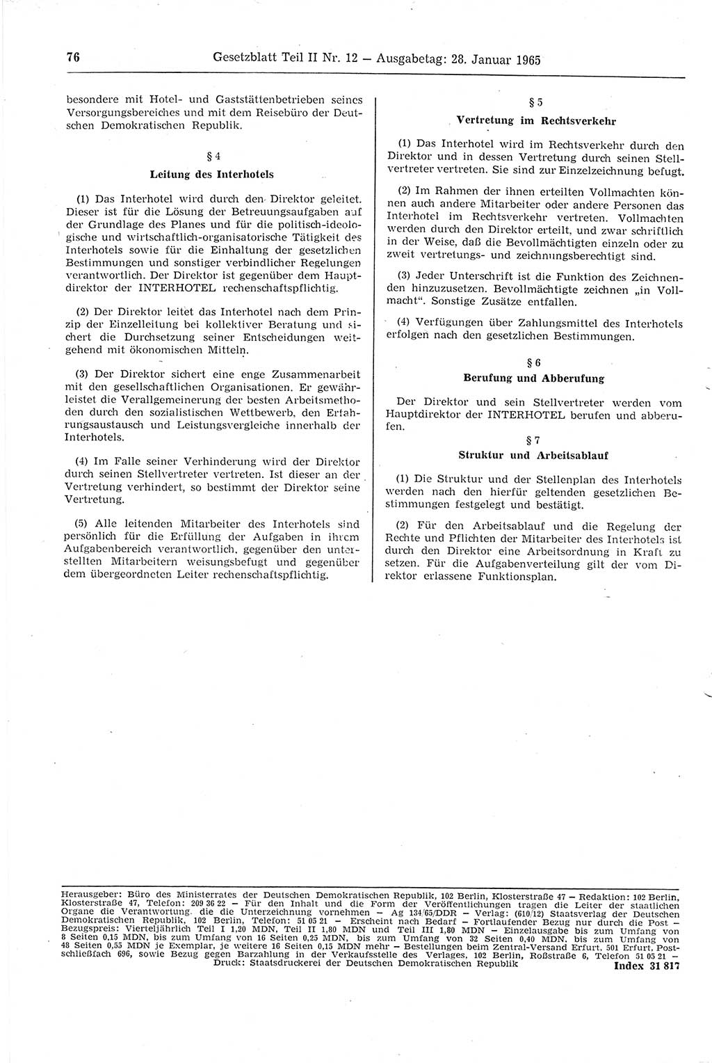 Gesetzblatt (GBl.) der Deutschen Demokratischen Republik (DDR) Teil ⅠⅠ 1965, Seite 76 (GBl. DDR ⅠⅠ 1965, S. 76)