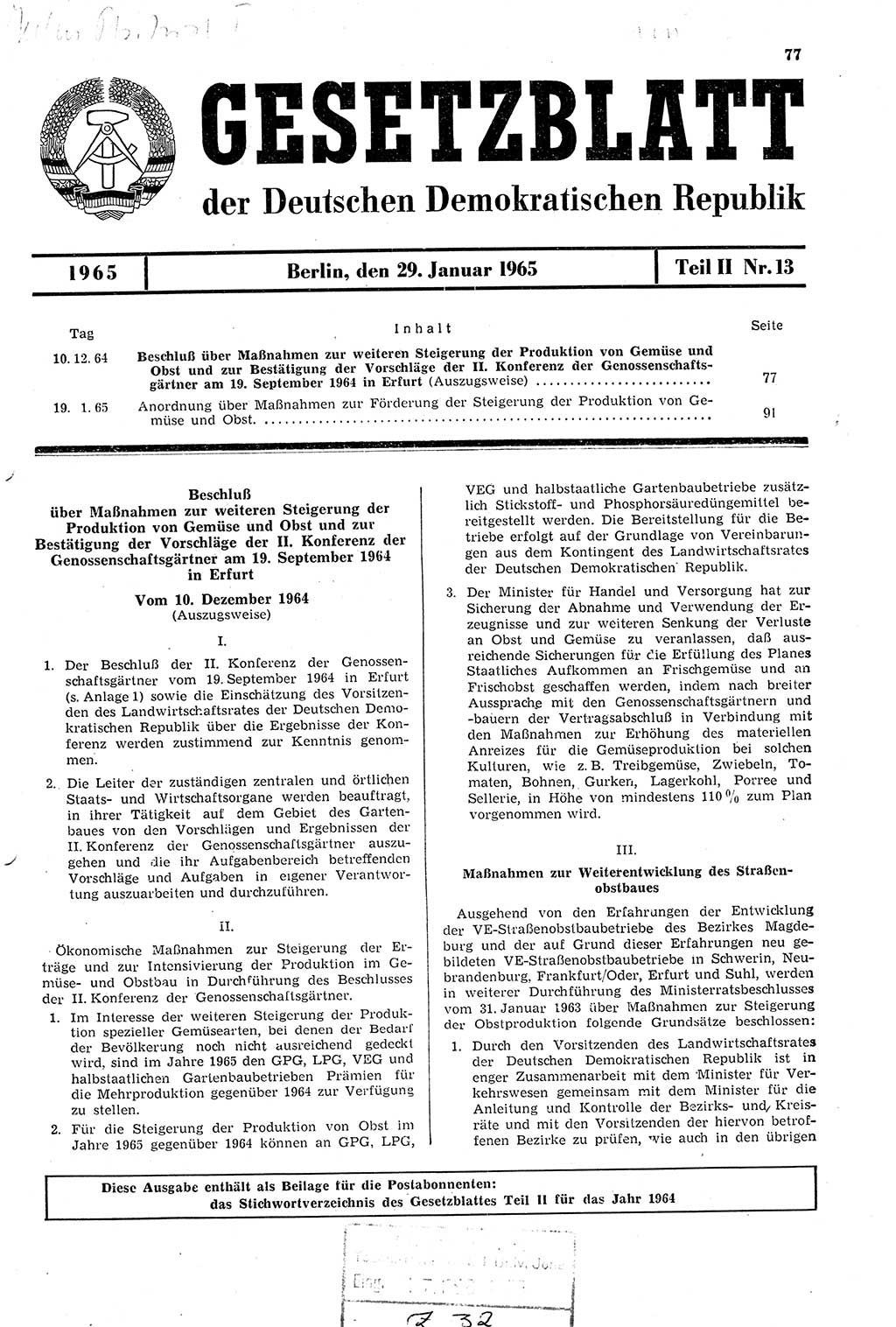 Gesetzblatt (GBl.) der Deutschen Demokratischen Republik (DDR) Teil ⅠⅠ 1965, Seite 77 (GBl. DDR ⅠⅠ 1965, S. 77)