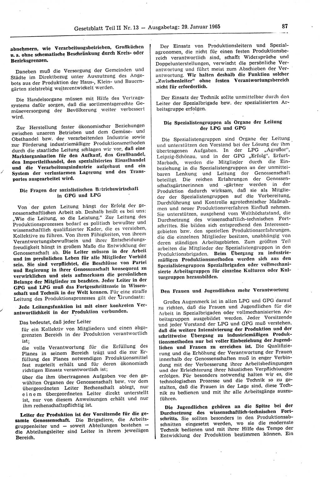 Gesetzblatt (GBl.) der Deutschen Demokratischen Republik (DDR) Teil ⅠⅠ 1965, Seite 87 (GBl. DDR ⅠⅠ 1965, S. 87)