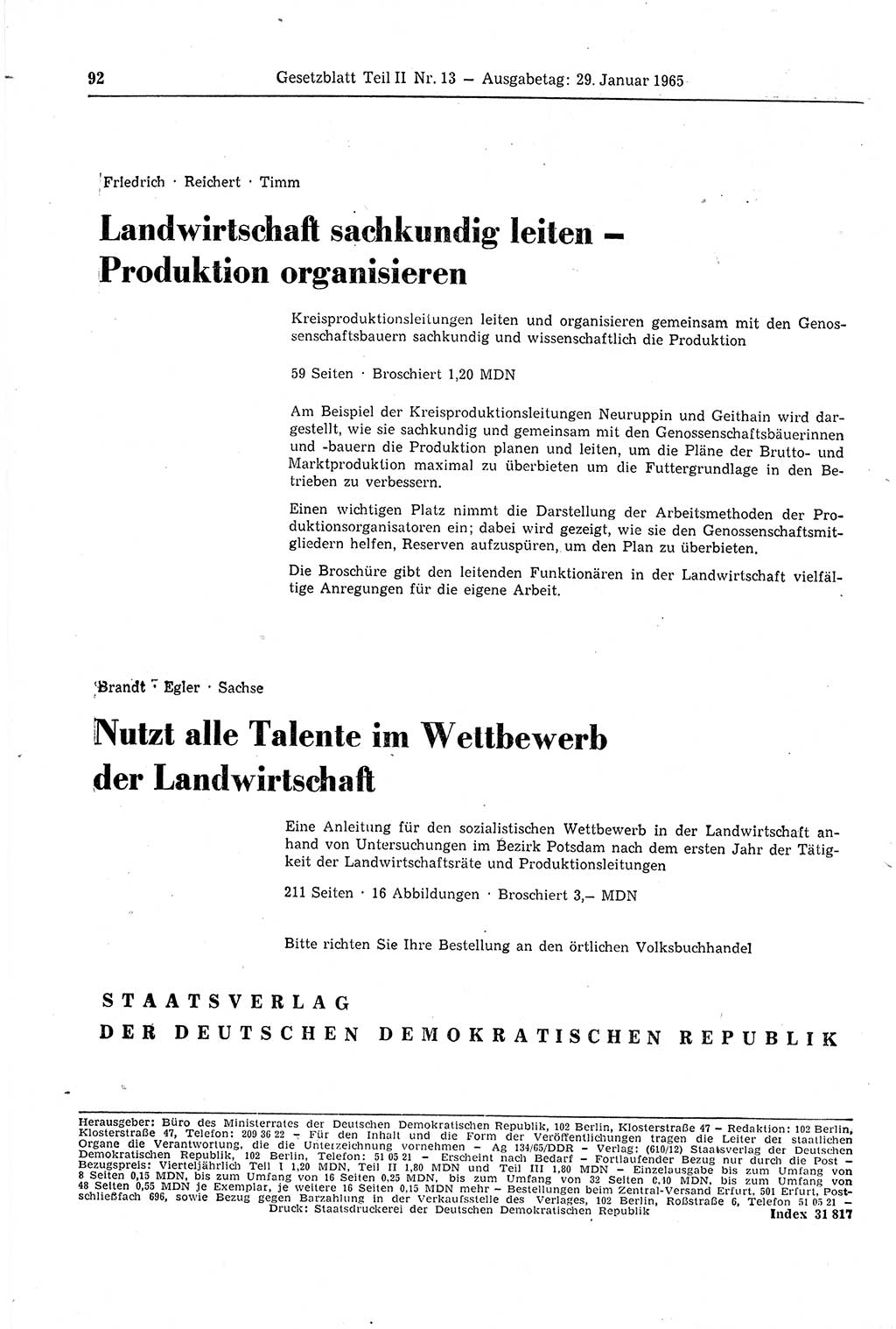 Gesetzblatt (GBl.) der Deutschen Demokratischen Republik (DDR) Teil ⅠⅠ 1965, Seite 92 (GBl. DDR ⅠⅠ 1965, S. 92)