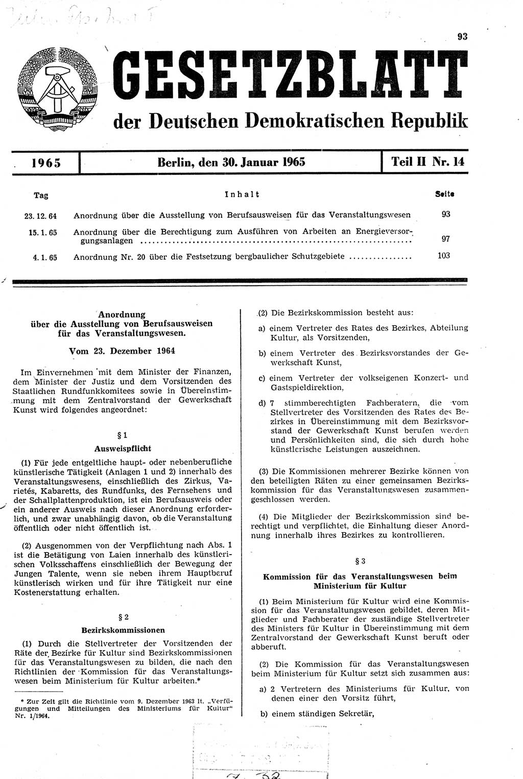 Gesetzblatt (GBl.) der Deutschen Demokratischen Republik (DDR) Teil ⅠⅠ 1965, Seite 93 (GBl. DDR ⅠⅠ 1965, S. 93)
