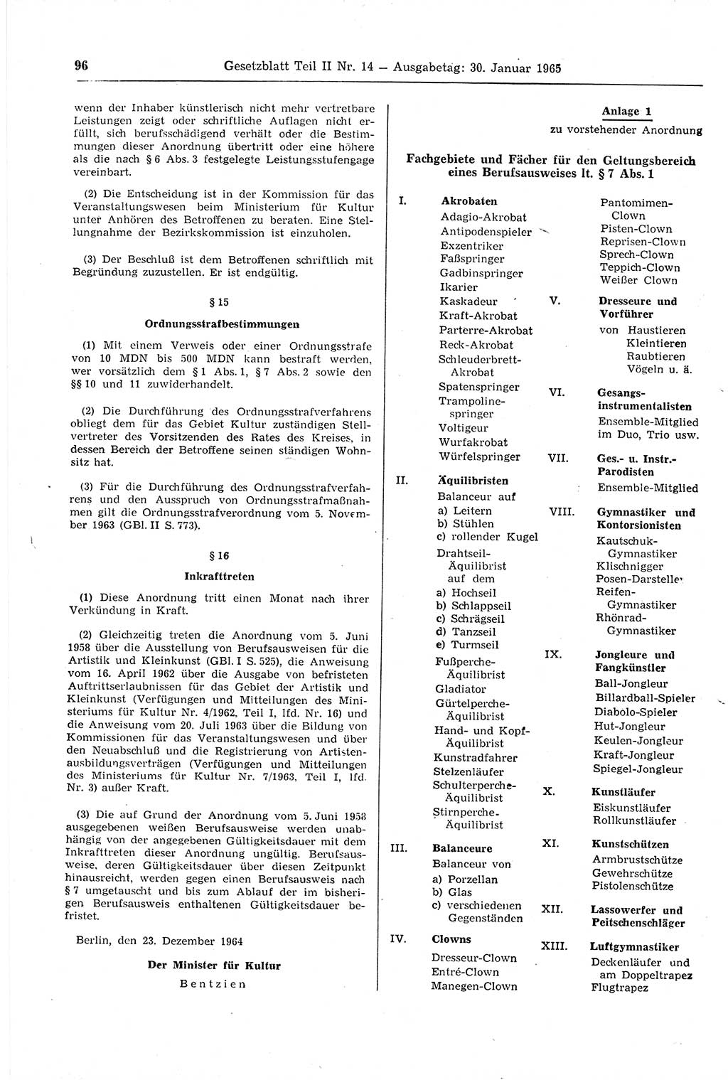 Gesetzblatt (GBl.) der Deutschen Demokratischen Republik (DDR) Teil ⅠⅠ 1965, Seite 96 (GBl. DDR ⅠⅠ 1965, S. 96)