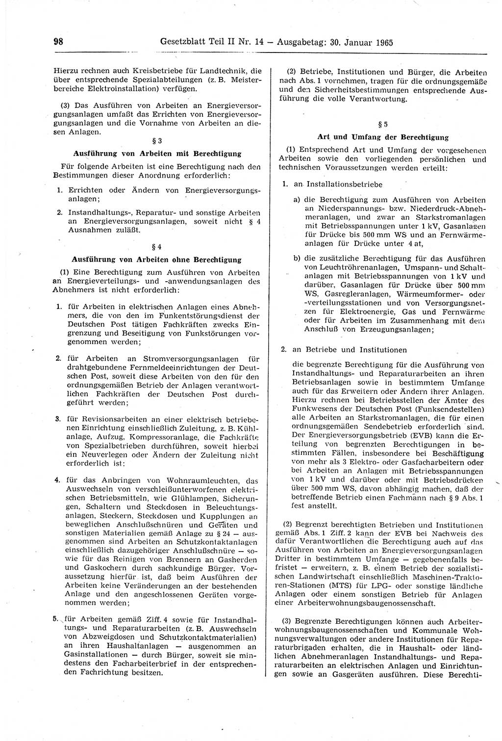 Gesetzblatt (GBl.) der Deutschen Demokratischen Republik (DDR) Teil ⅠⅠ 1965, Seite 98 (GBl. DDR ⅠⅠ 1965, S. 98)