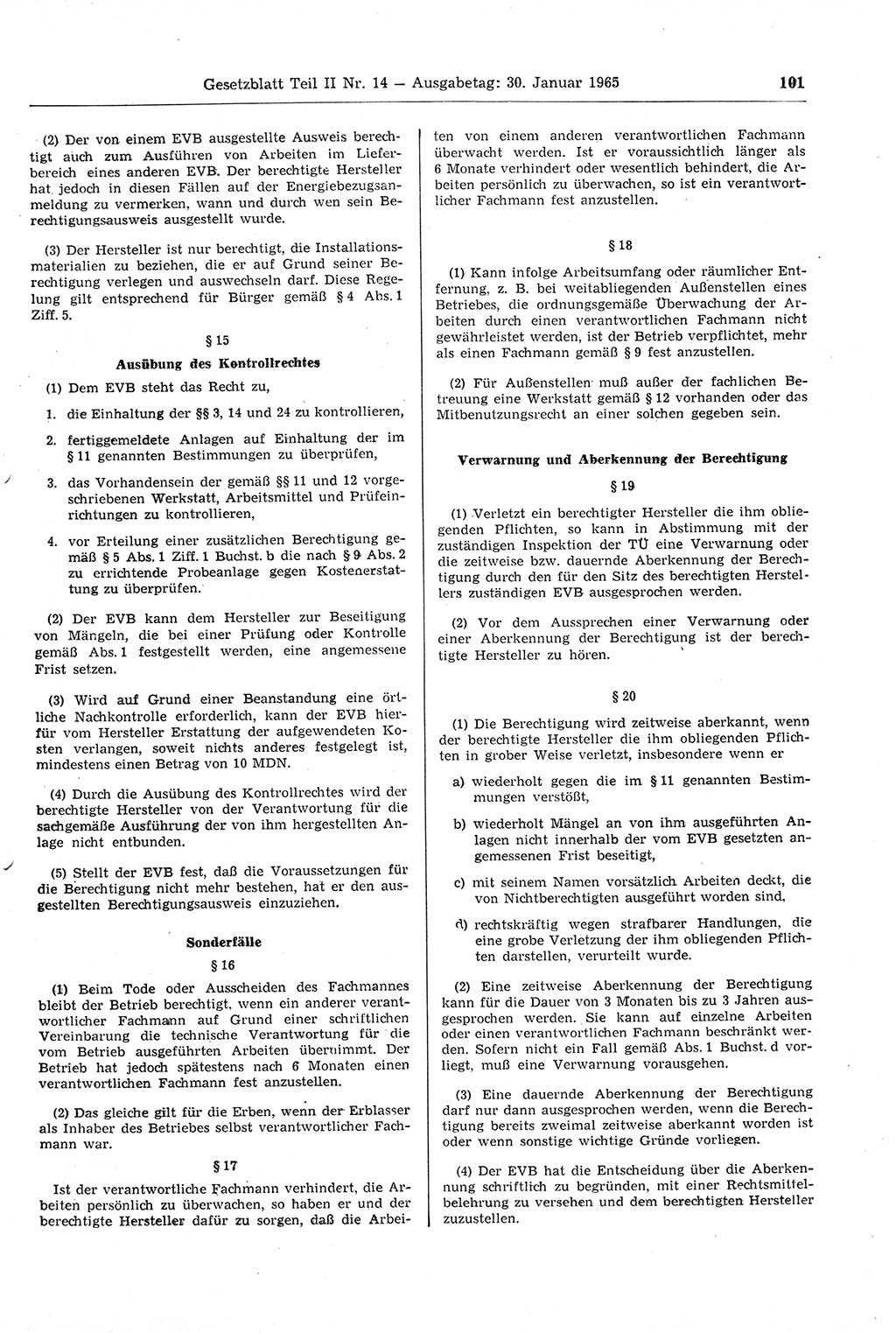 Gesetzblatt (GBl.) der Deutschen Demokratischen Republik (DDR) Teil ⅠⅠ 1965, Seite 101 (GBl. DDR ⅠⅠ 1965, S. 101)