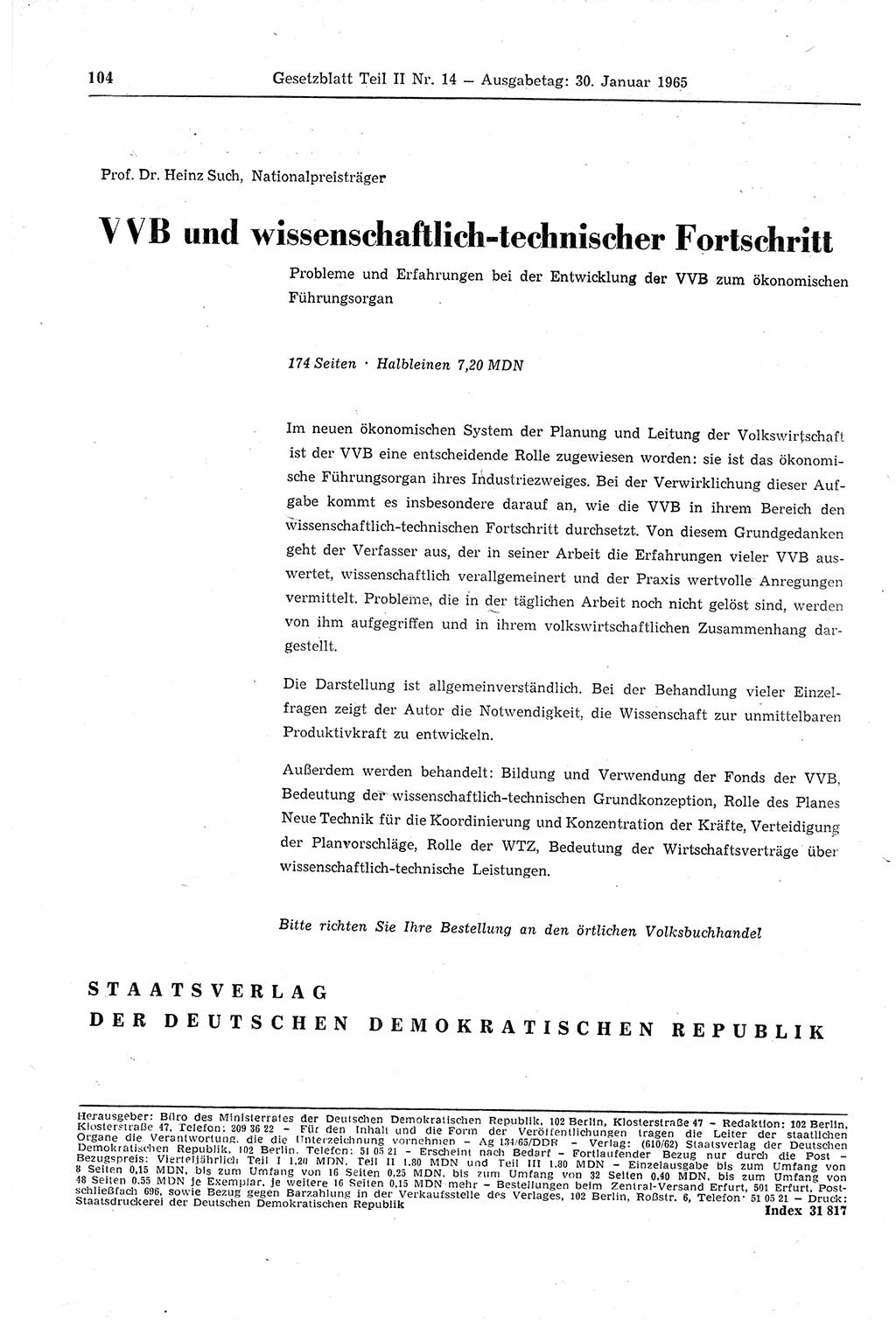 Gesetzblatt (GBl.) der Deutschen Demokratischen Republik (DDR) Teil ⅠⅠ 1965, Seite 104 (GBl. DDR ⅠⅠ 1965, S. 104)