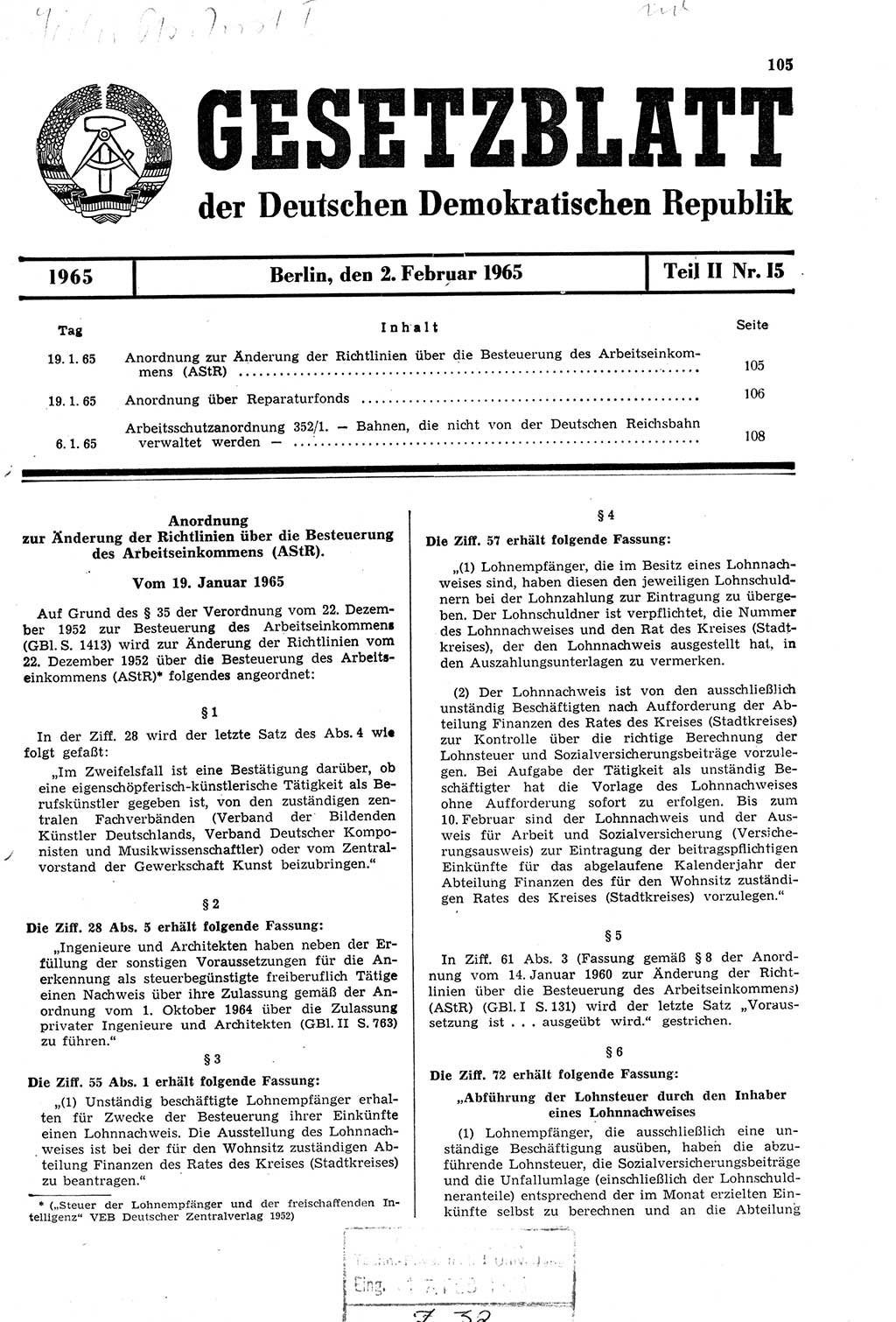 Gesetzblatt (GBl.) der Deutschen Demokratischen Republik (DDR) Teil ⅠⅠ 1965, Seite 105 (GBl. DDR ⅠⅠ 1965, S. 105)