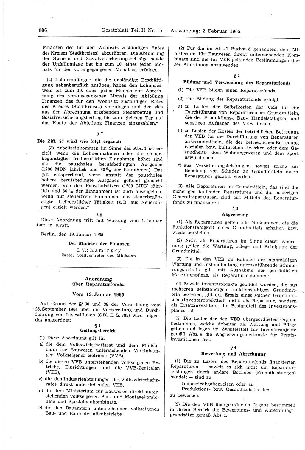 Gesetzblatt (GBl.) der Deutschen Demokratischen Republik (DDR) Teil ⅠⅠ 1965, Seite 106 (GBl. DDR ⅠⅠ 1965, S. 106)