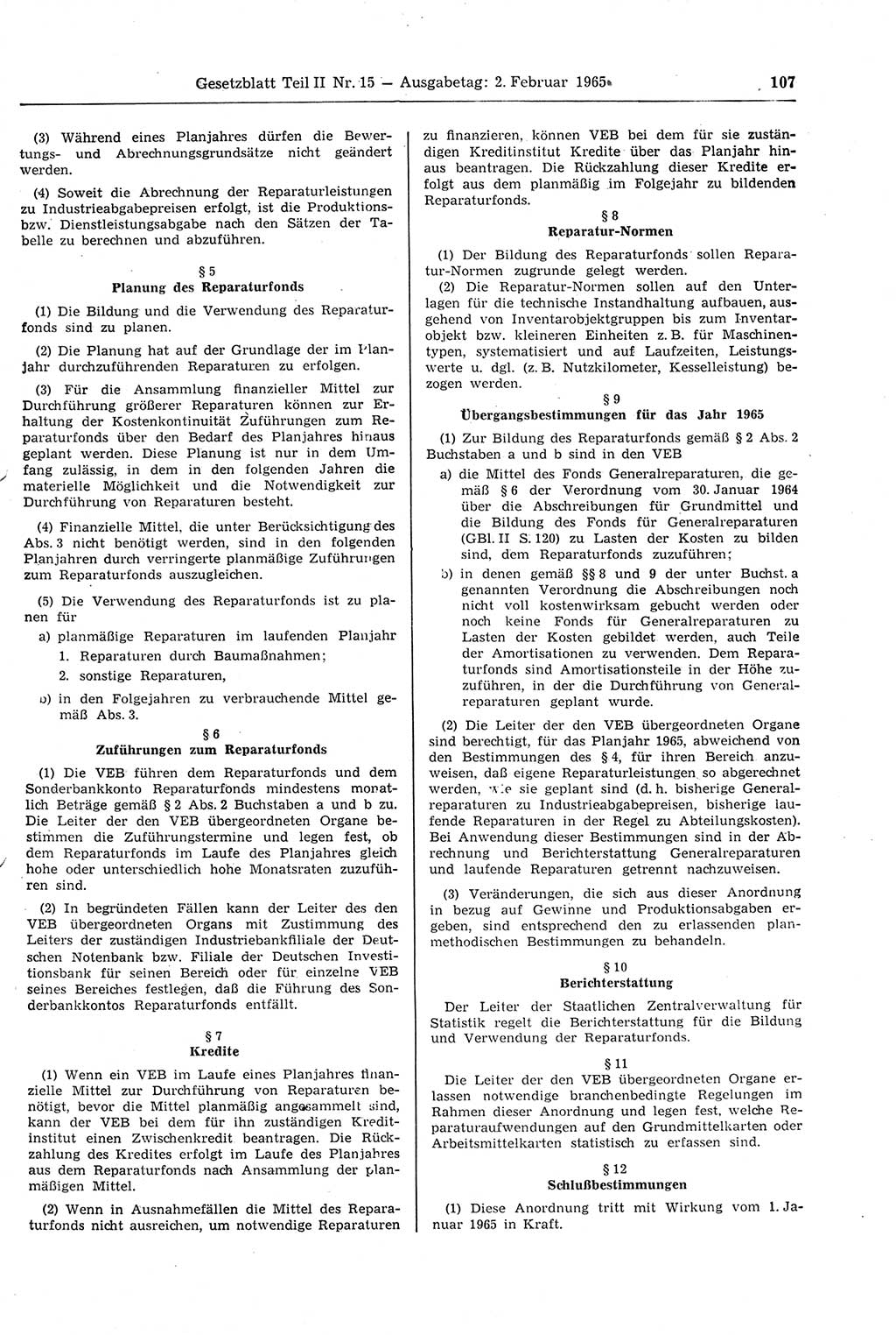 Gesetzblatt (GBl.) der Deutschen Demokratischen Republik (DDR) Teil ⅠⅠ 1965, Seite 107 (GBl. DDR ⅠⅠ 1965, S. 107)