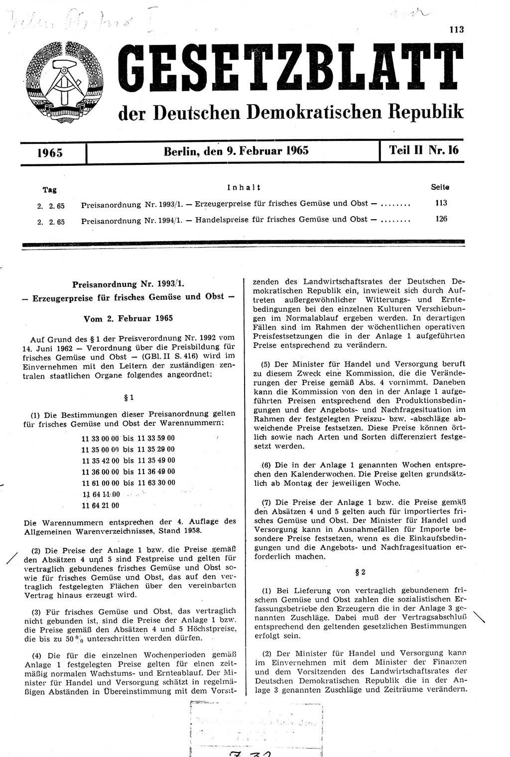 Gesetzblatt (GBl.) der Deutschen Demokratischen Republik (DDR) Teil ⅠⅠ 1965, Seite 113 (GBl. DDR ⅠⅠ 1965, S. 113)