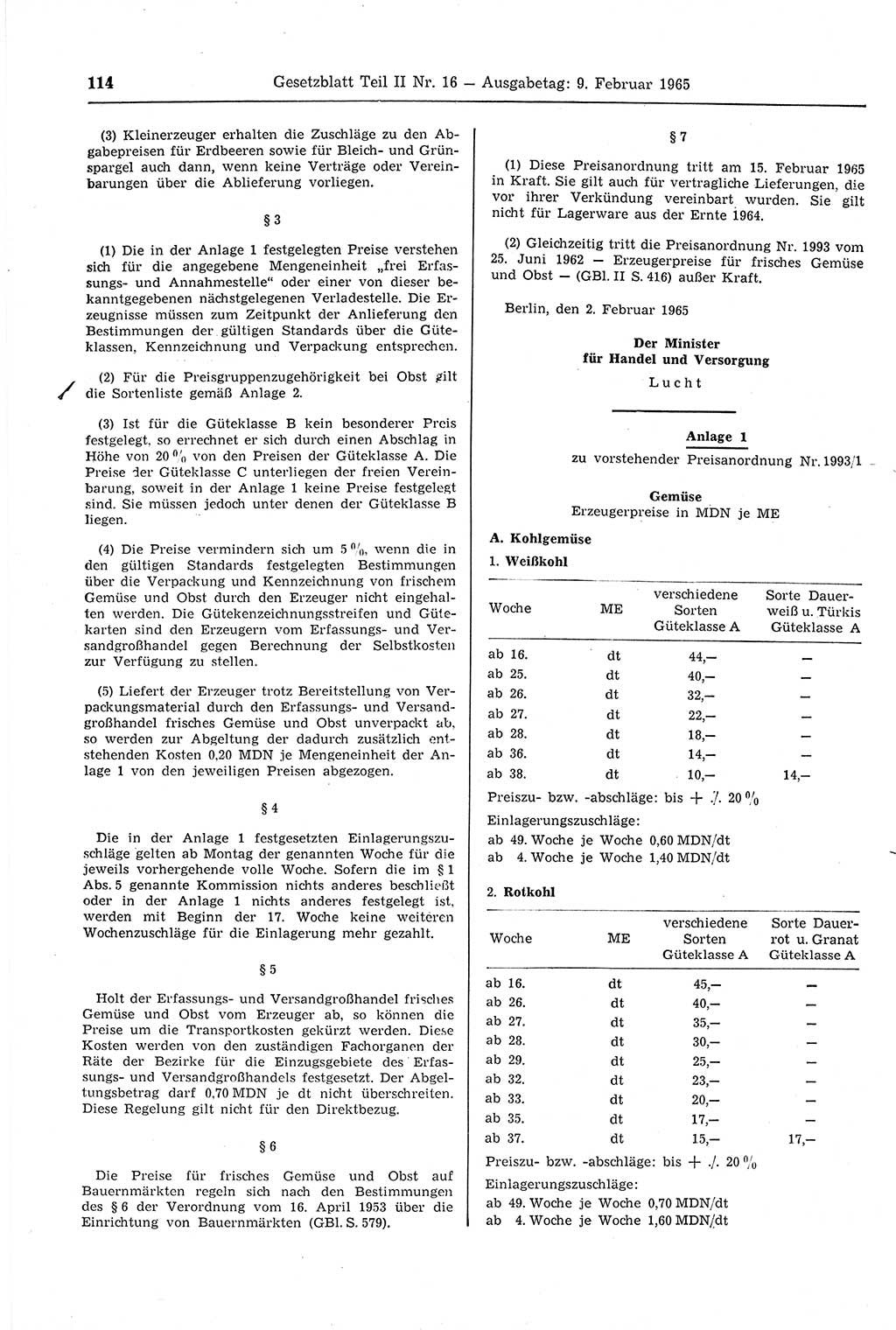 Gesetzblatt (GBl.) der Deutschen Demokratischen Republik (DDR) Teil ⅠⅠ 1965, Seite 114 (GBl. DDR ⅠⅠ 1965, S. 114)