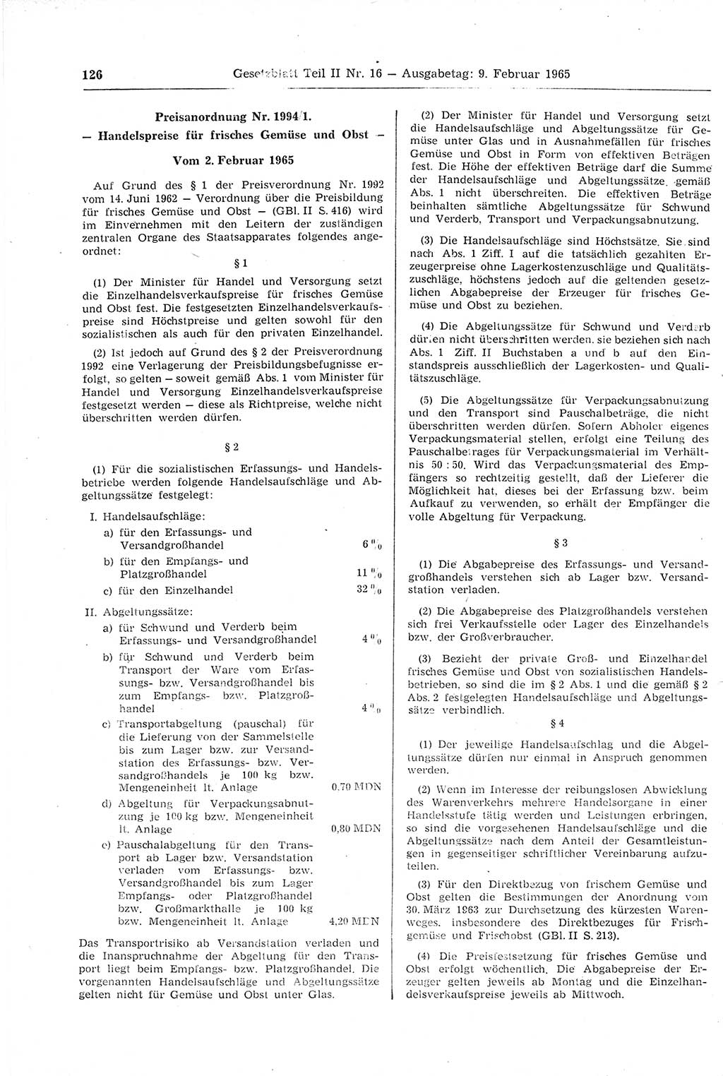 Gesetzblatt (GBl.) der Deutschen Demokratischen Republik (DDR) Teil ⅠⅠ 1965, Seite 126 (GBl. DDR ⅠⅠ 1965, S. 126)