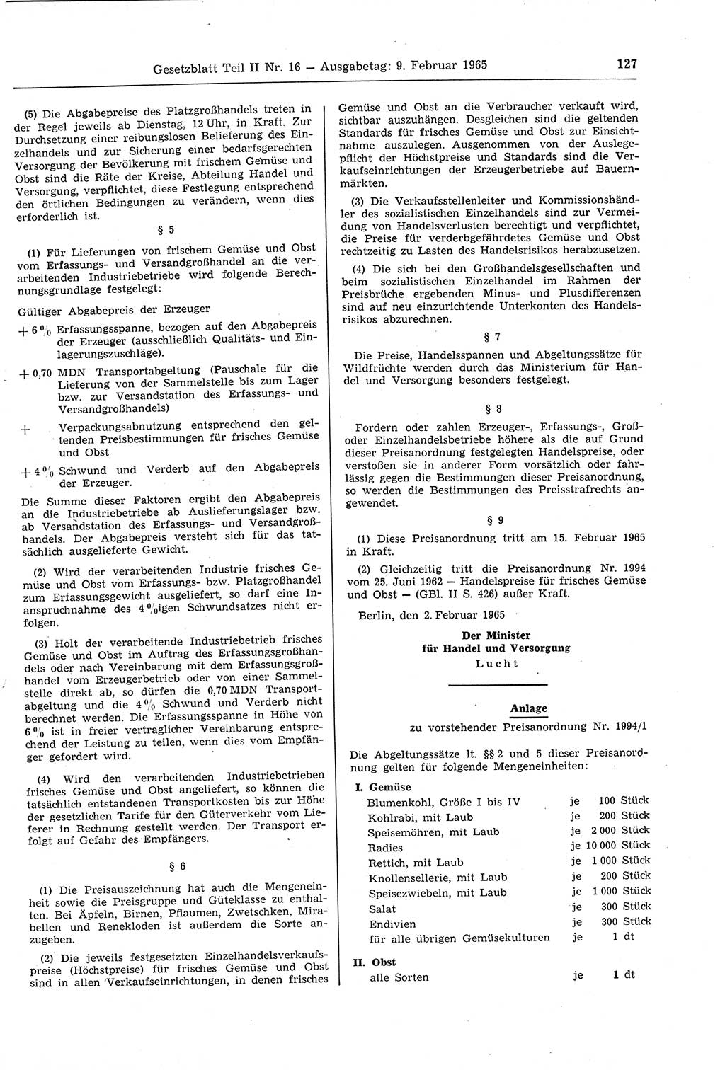 Gesetzblatt (GBl.) der Deutschen Demokratischen Republik (DDR) Teil ⅠⅠ 1965, Seite 127 (GBl. DDR ⅠⅠ 1965, S. 127)