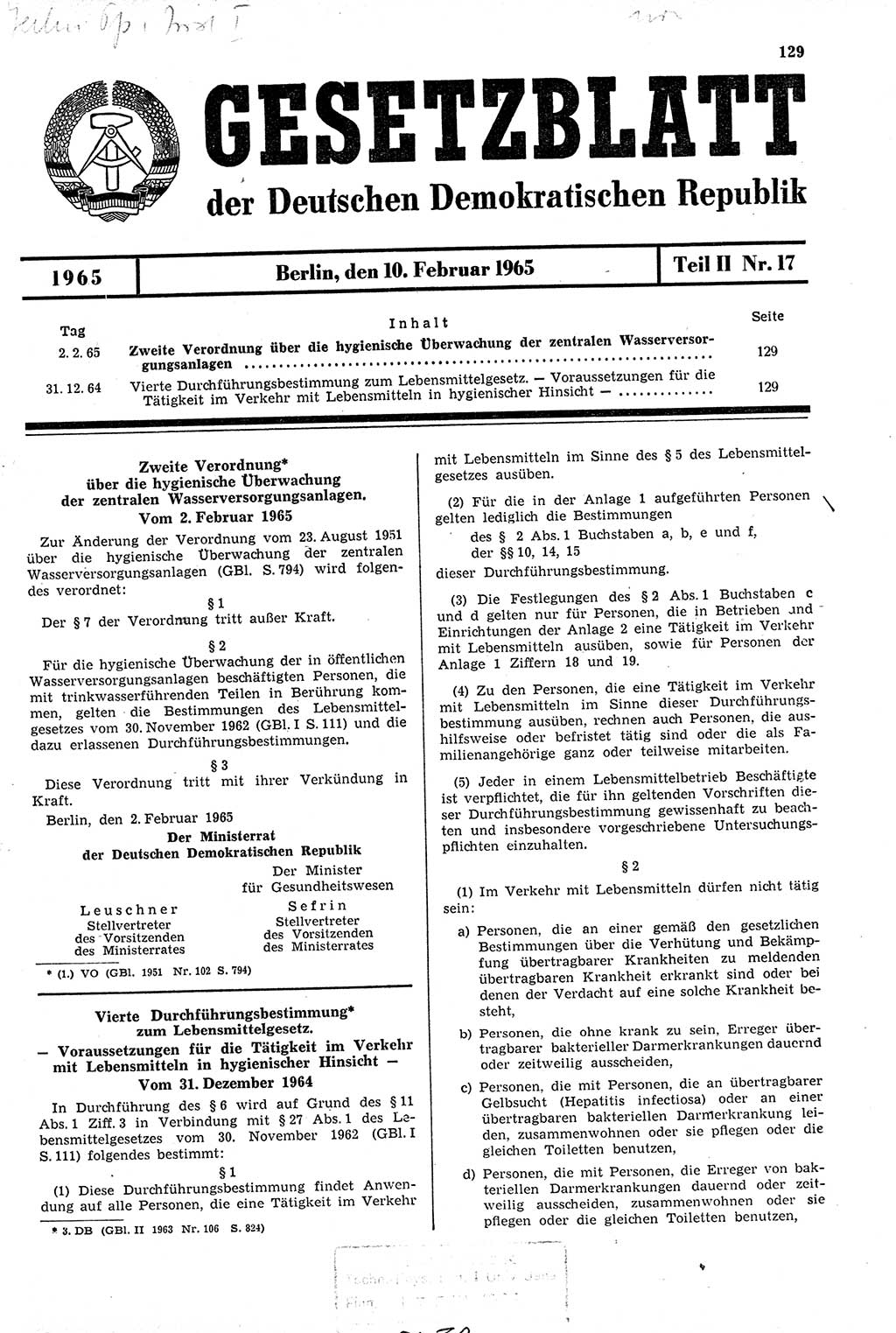 Gesetzblatt (GBl.) der Deutschen Demokratischen Republik (DDR) Teil ⅠⅠ 1965, Seite 129 (GBl. DDR ⅠⅠ 1965, S. 129)