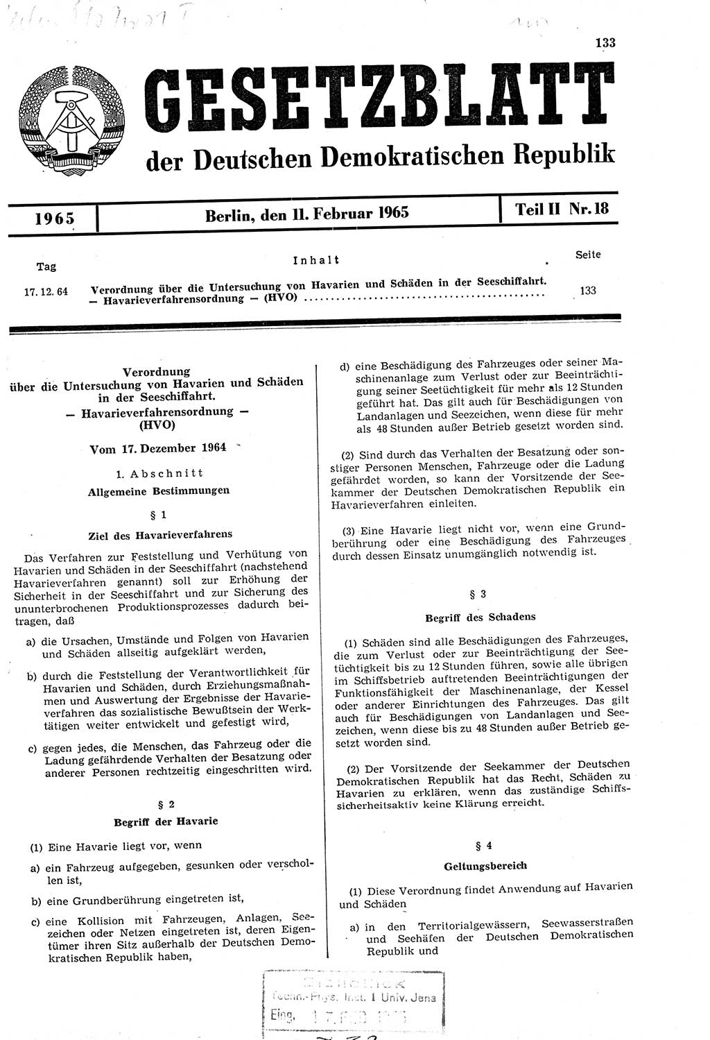 Gesetzblatt (GBl.) der Deutschen Demokratischen Republik (DDR) Teil ⅠⅠ 1965, Seite 133 (GBl. DDR ⅠⅠ 1965, S. 133)