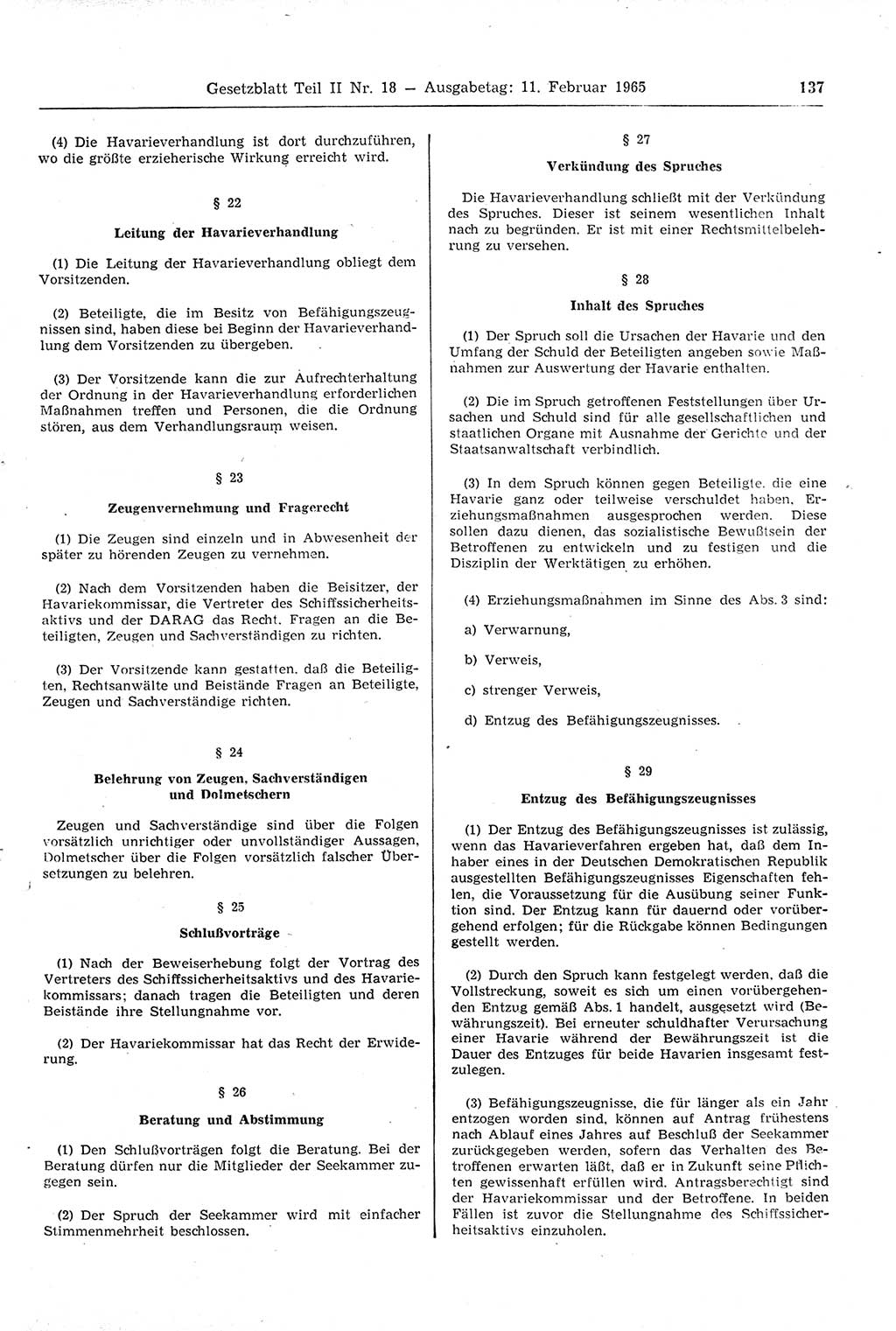 Gesetzblatt (GBl.) der Deutschen Demokratischen Republik (DDR) Teil ⅠⅠ 1965, Seite 137 (GBl. DDR ⅠⅠ 1965, S. 137)
