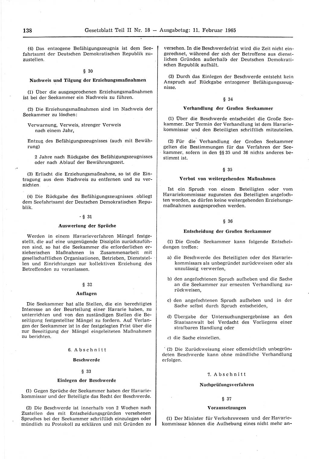 Gesetzblatt (GBl.) der Deutschen Demokratischen Republik (DDR) Teil ⅠⅠ 1965, Seite 138 (GBl. DDR ⅠⅠ 1965, S. 138)