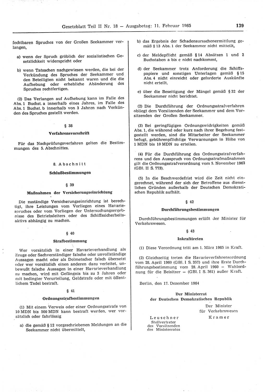 Gesetzblatt (GBl.) der Deutschen Demokratischen Republik (DDR) Teil ⅠⅠ 1965, Seite 139 (GBl. DDR ⅠⅠ 1965, S. 139)