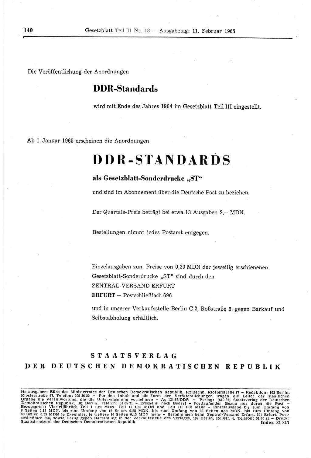 Gesetzblatt (GBl.) der Deutschen Demokratischen Republik (DDR) Teil ⅠⅠ 1965, Seite 140 (GBl. DDR ⅠⅠ 1965, S. 140)