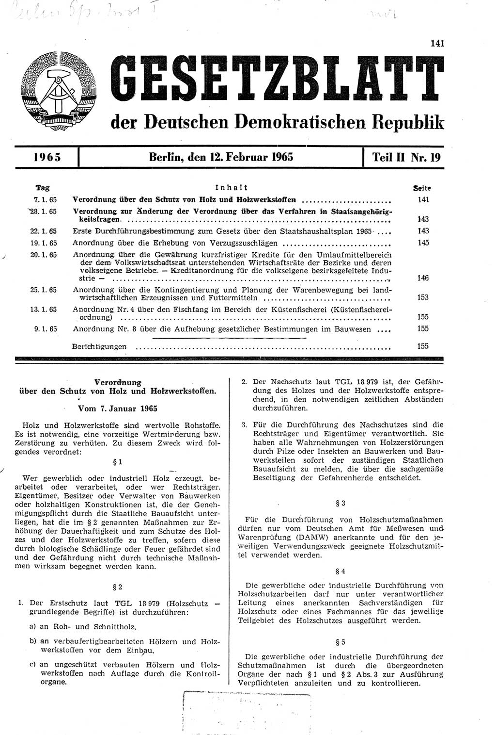 Gesetzblatt (GBl.) der Deutschen Demokratischen Republik (DDR) Teil ⅠⅠ 1965, Seite 141 (GBl. DDR ⅠⅠ 1965, S. 141)