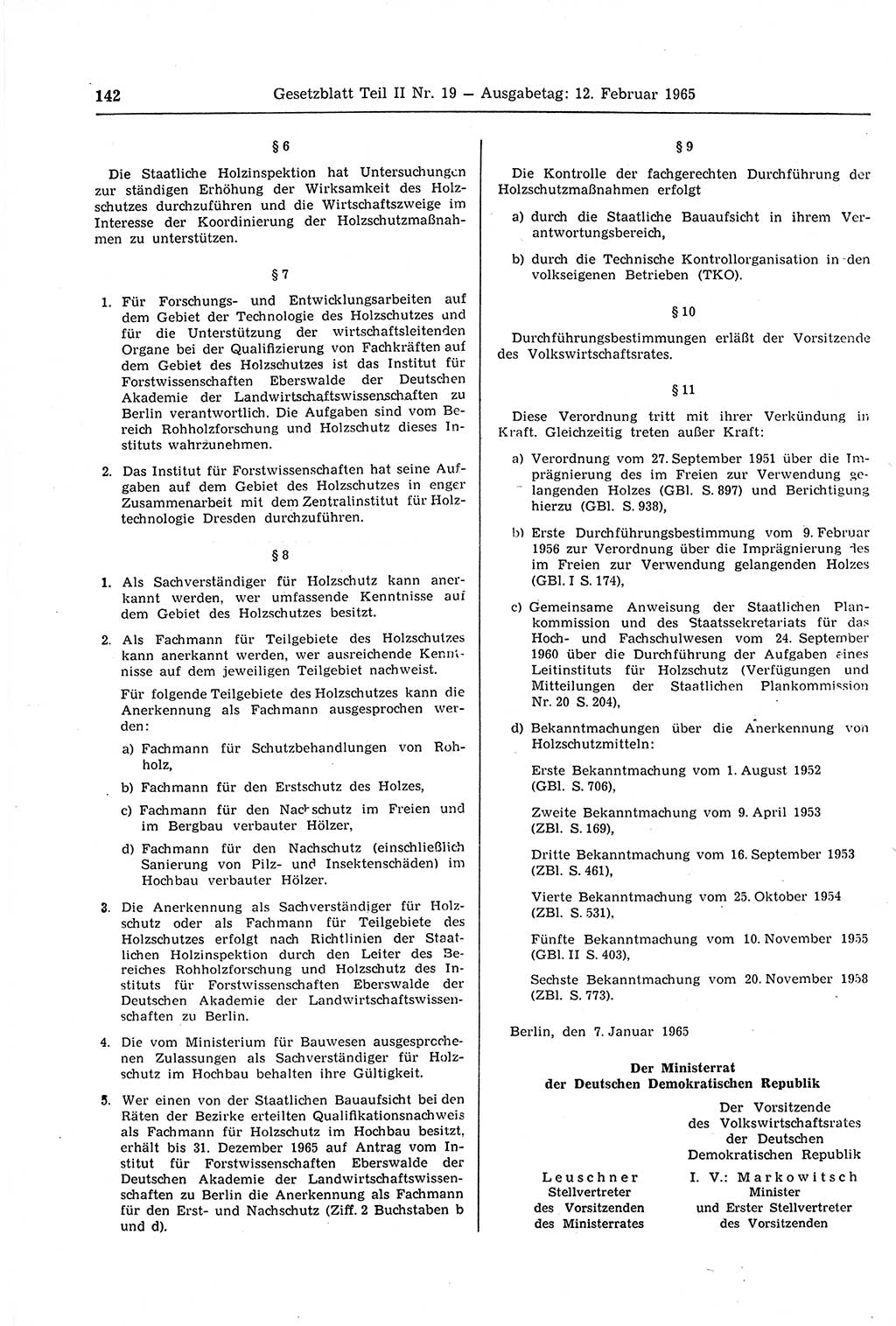 Gesetzblatt (GBl.) der Deutschen Demokratischen Republik (DDR) Teil ⅠⅠ 1965, Seite 142 (GBl. DDR ⅠⅠ 1965, S. 142)