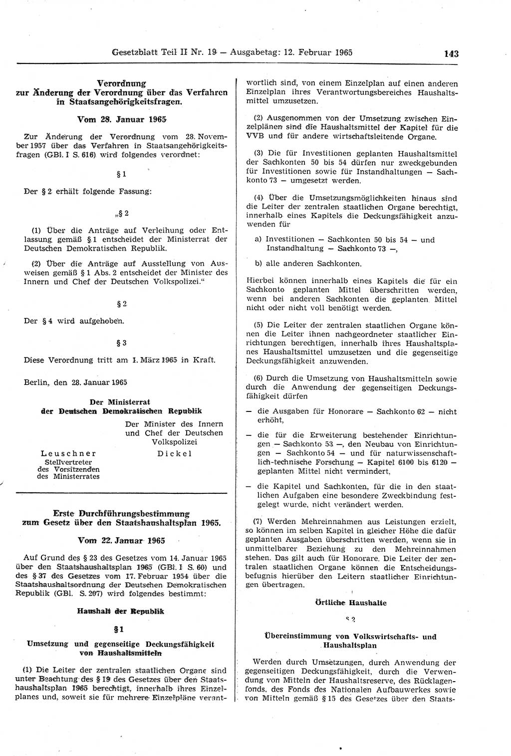 Gesetzblatt (GBl.) der Deutschen Demokratischen Republik (DDR) Teil ⅠⅠ 1965, Seite 143 (GBl. DDR ⅠⅠ 1965, S. 143)