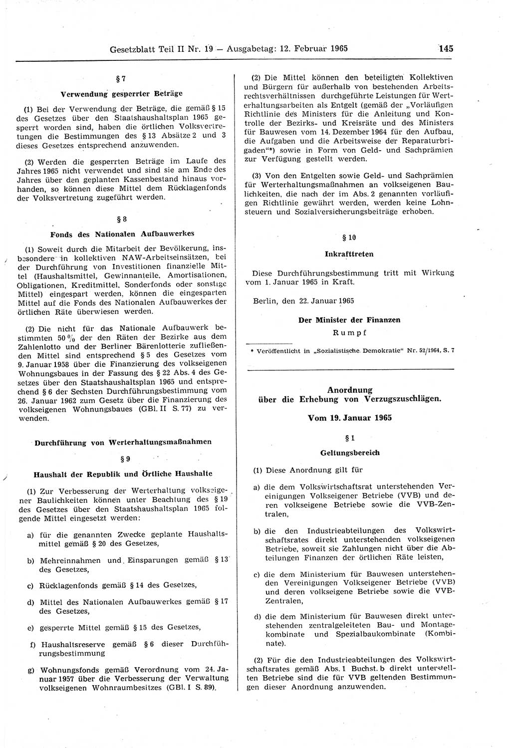 Gesetzblatt (GBl.) der Deutschen Demokratischen Republik (DDR) Teil ⅠⅠ 1965, Seite 145 (GBl. DDR ⅠⅠ 1965, S. 145)