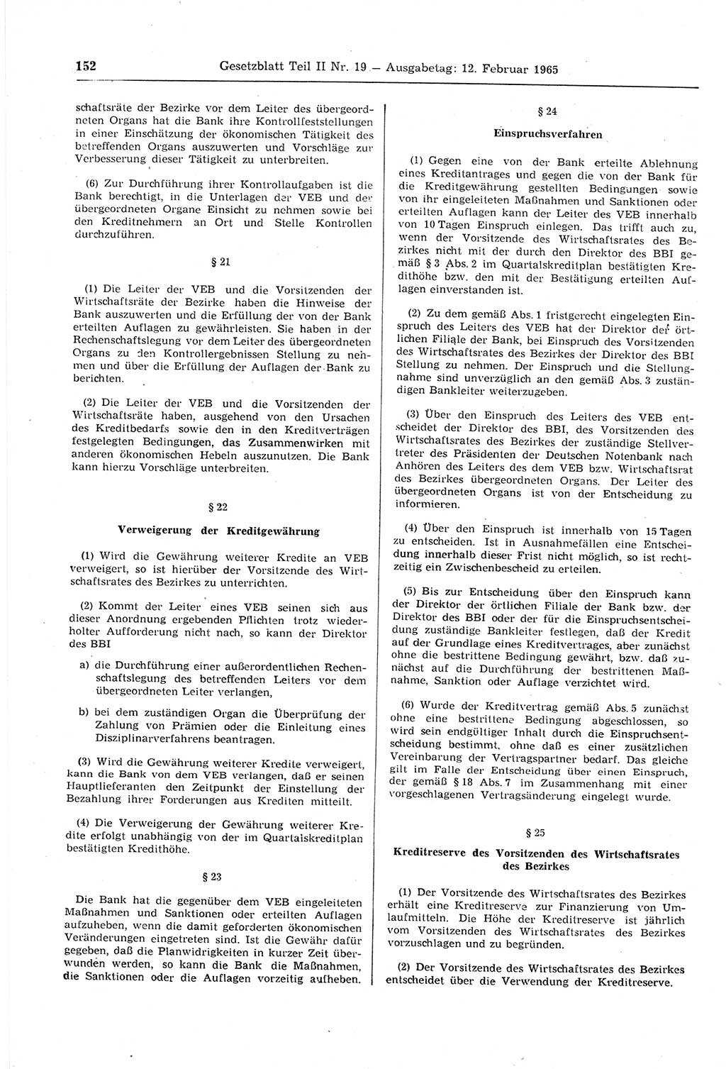 Gesetzblatt (GBl.) der Deutschen Demokratischen Republik (DDR) Teil ⅠⅠ 1965, Seite 152 (GBl. DDR ⅠⅠ 1965, S. 152)