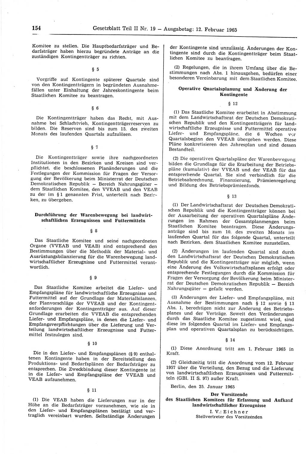 Gesetzblatt (GBl.) der Deutschen Demokratischen Republik (DDR) Teil ⅠⅠ 1965, Seite 154 (GBl. DDR ⅠⅠ 1965, S. 154)