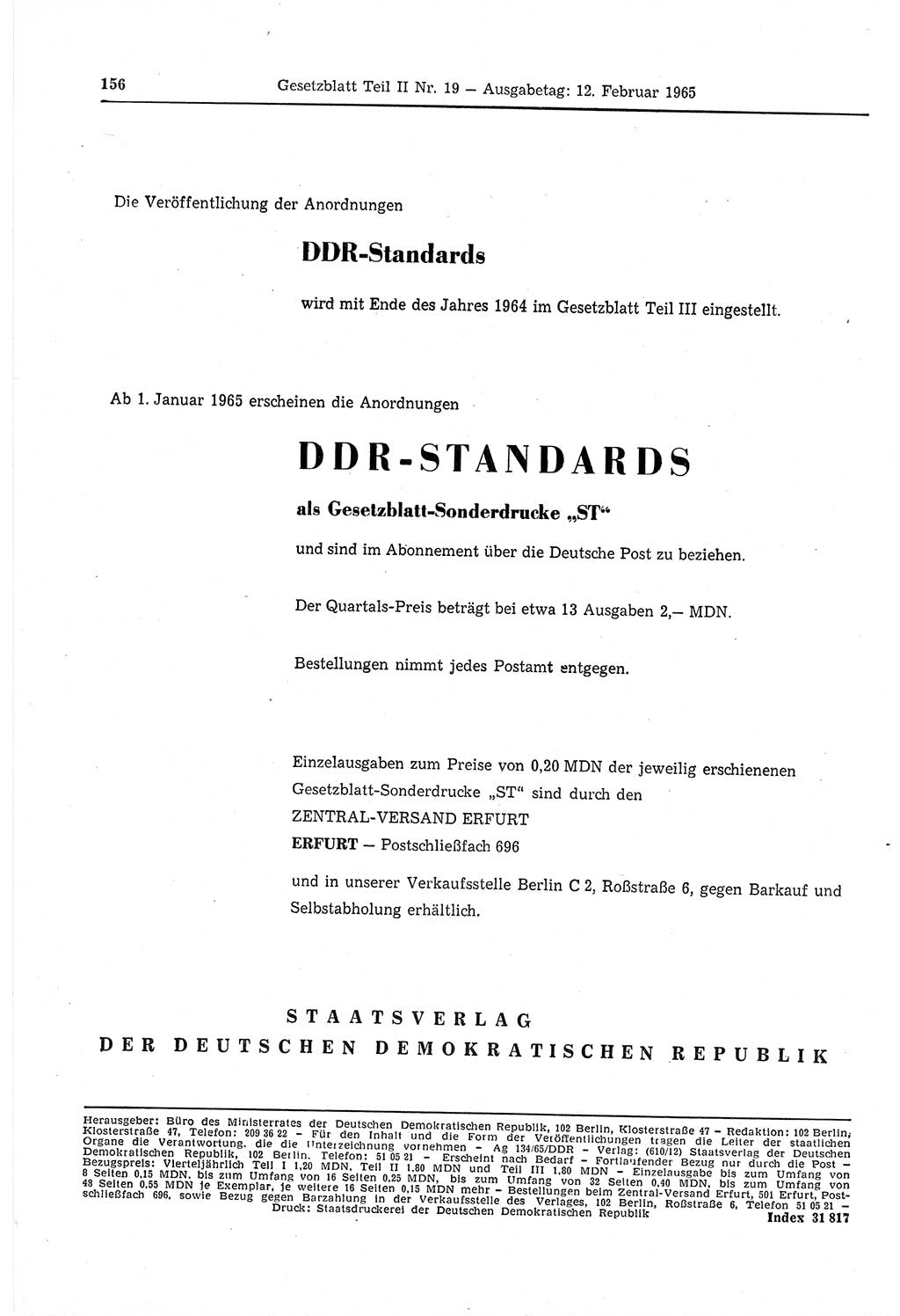 Gesetzblatt (GBl.) der Deutschen Demokratischen Republik (DDR) Teil ⅠⅠ 1965, Seite 156 (GBl. DDR ⅠⅠ 1965, S. 156)