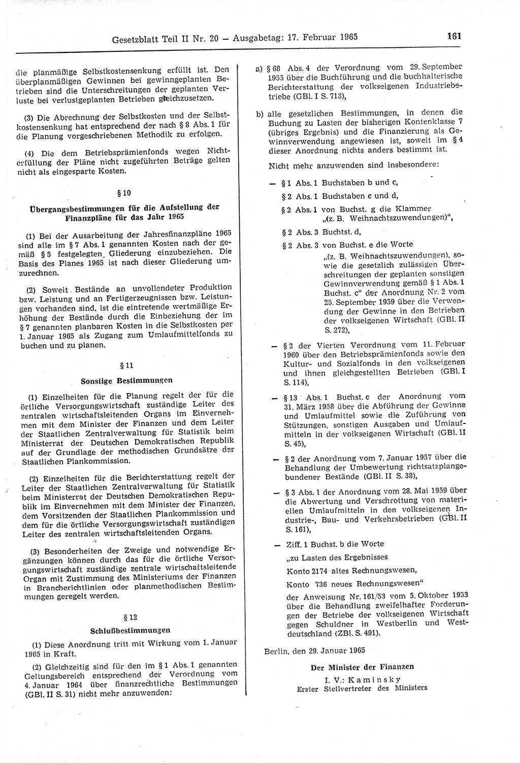 Gesetzblatt (GBl.) der Deutschen Demokratischen Republik (DDR) Teil ⅠⅠ 1965, Seite 161 (GBl. DDR ⅠⅠ 1965, S. 161)