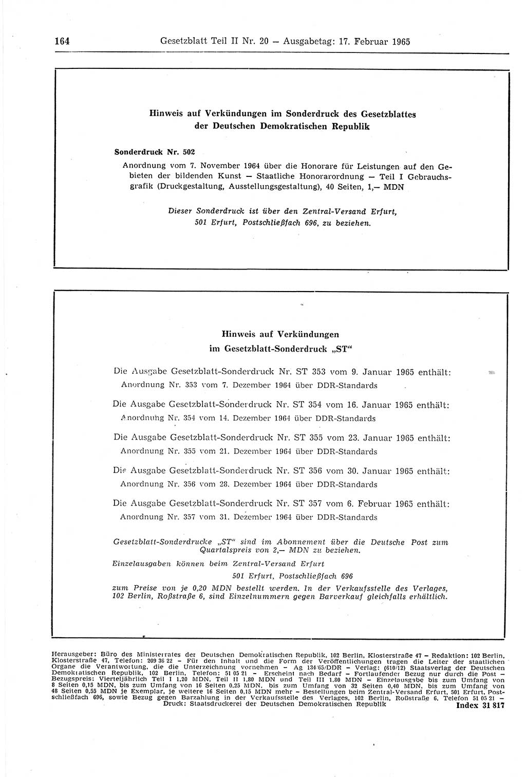 Gesetzblatt (GBl.) der Deutschen Demokratischen Republik (DDR) Teil ⅠⅠ 1965, Seite 164 (GBl. DDR ⅠⅠ 1965, S. 164)