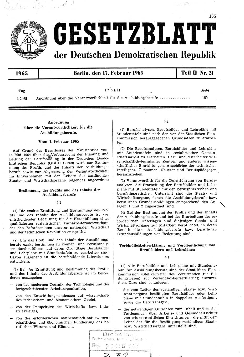 Gesetzblatt (GBl.) der Deutschen Demokratischen Republik (DDR) Teil ⅠⅠ 1965, Seite 165 (GBl. DDR ⅠⅠ 1965, S. 165)