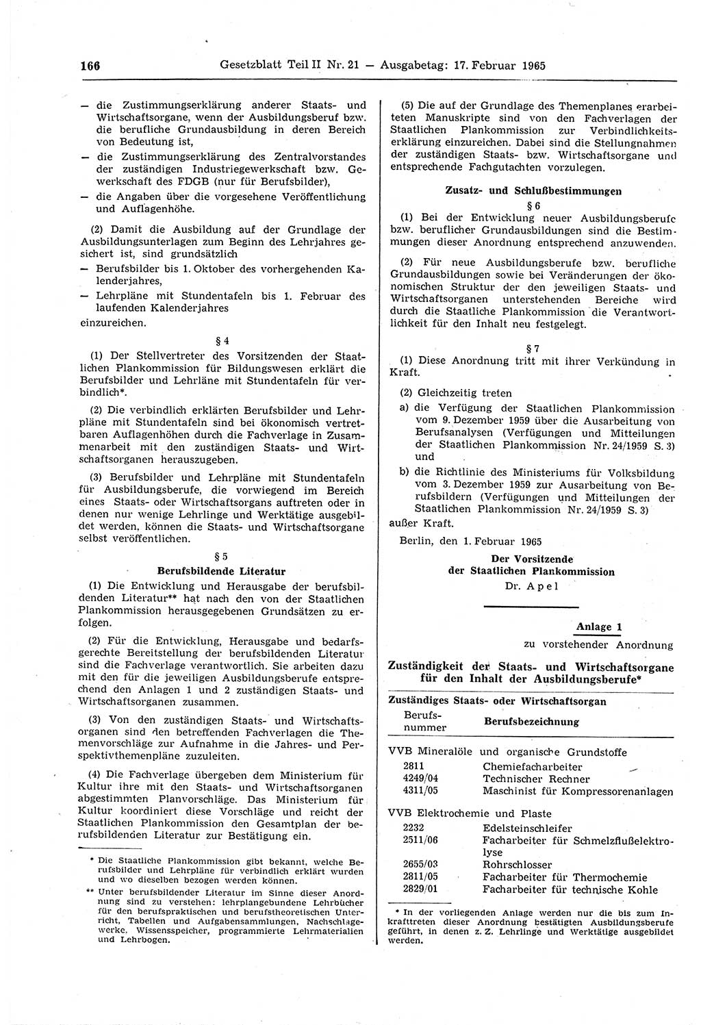 Gesetzblatt (GBl.) der Deutschen Demokratischen Republik (DDR) Teil ⅠⅠ 1965, Seite 166 (GBl. DDR ⅠⅠ 1965, S. 166)