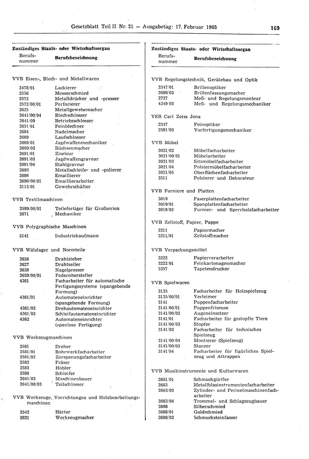 Gesetzblatt (GBl.) der Deutschen Demokratischen Republik (DDR) Teil ⅠⅠ 1965, Seite 169 (GBl. DDR ⅠⅠ 1965, S. 169)