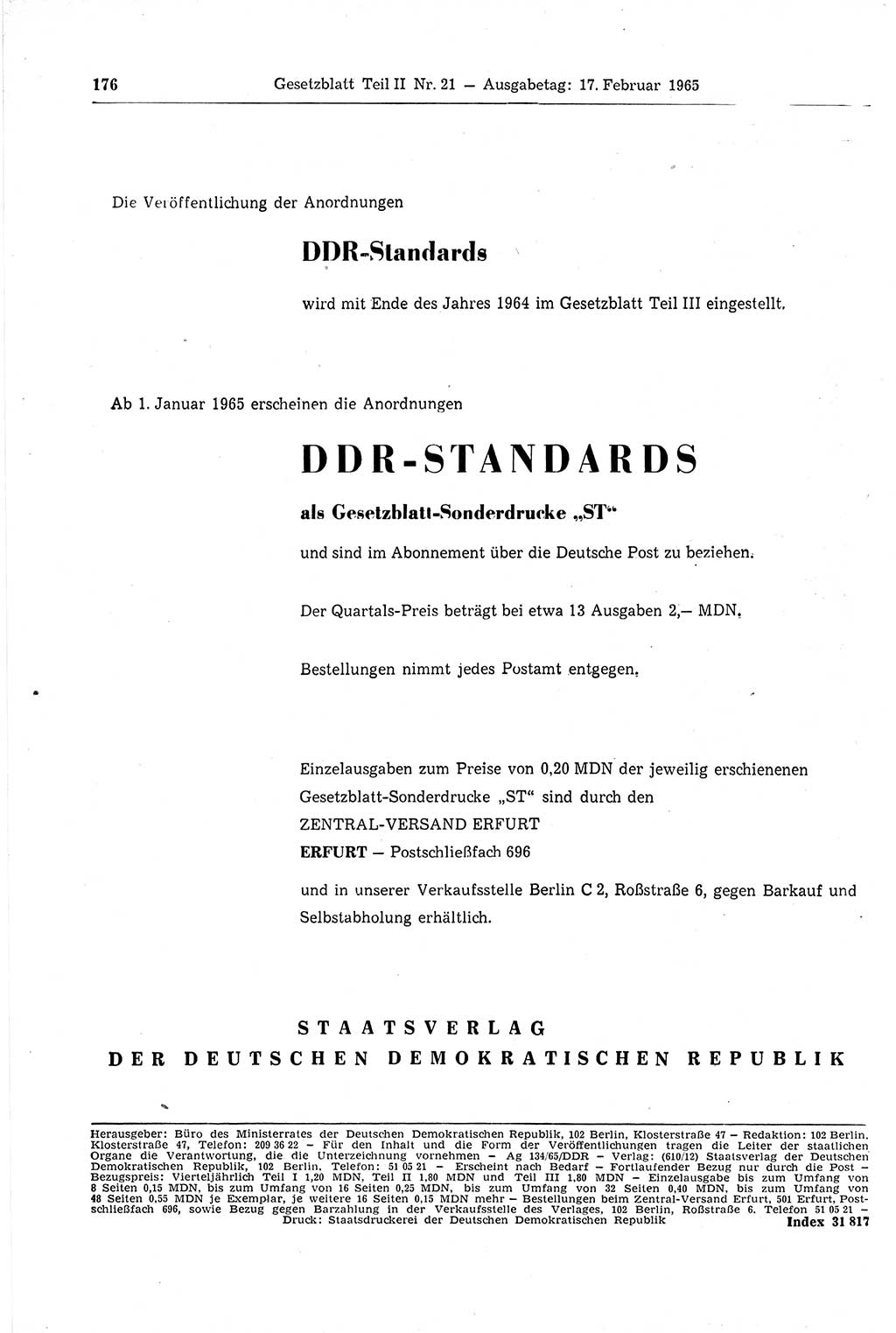 Gesetzblatt (GBl.) der Deutschen Demokratischen Republik (DDR) Teil ⅠⅠ 1965, Seite 176 (GBl. DDR ⅠⅠ 1965, S. 176)