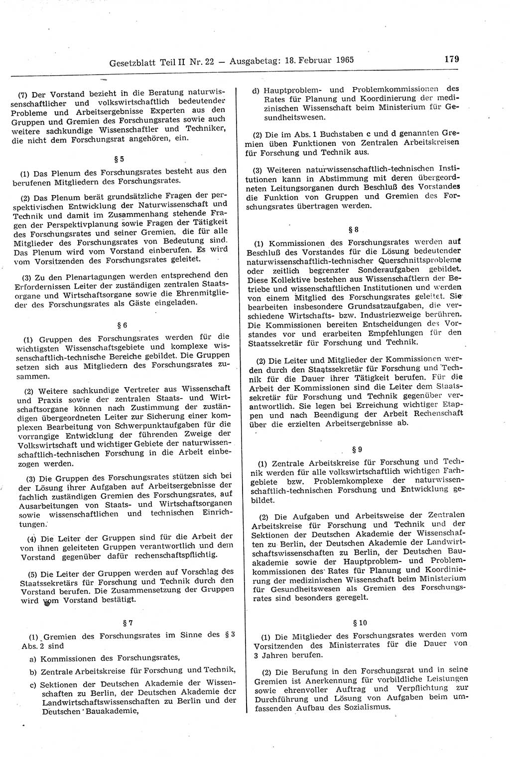 Gesetzblatt (GBl.) der Deutschen Demokratischen Republik (DDR) Teil ⅠⅠ 1965, Seite 179 (GBl. DDR ⅠⅠ 1965, S. 179)