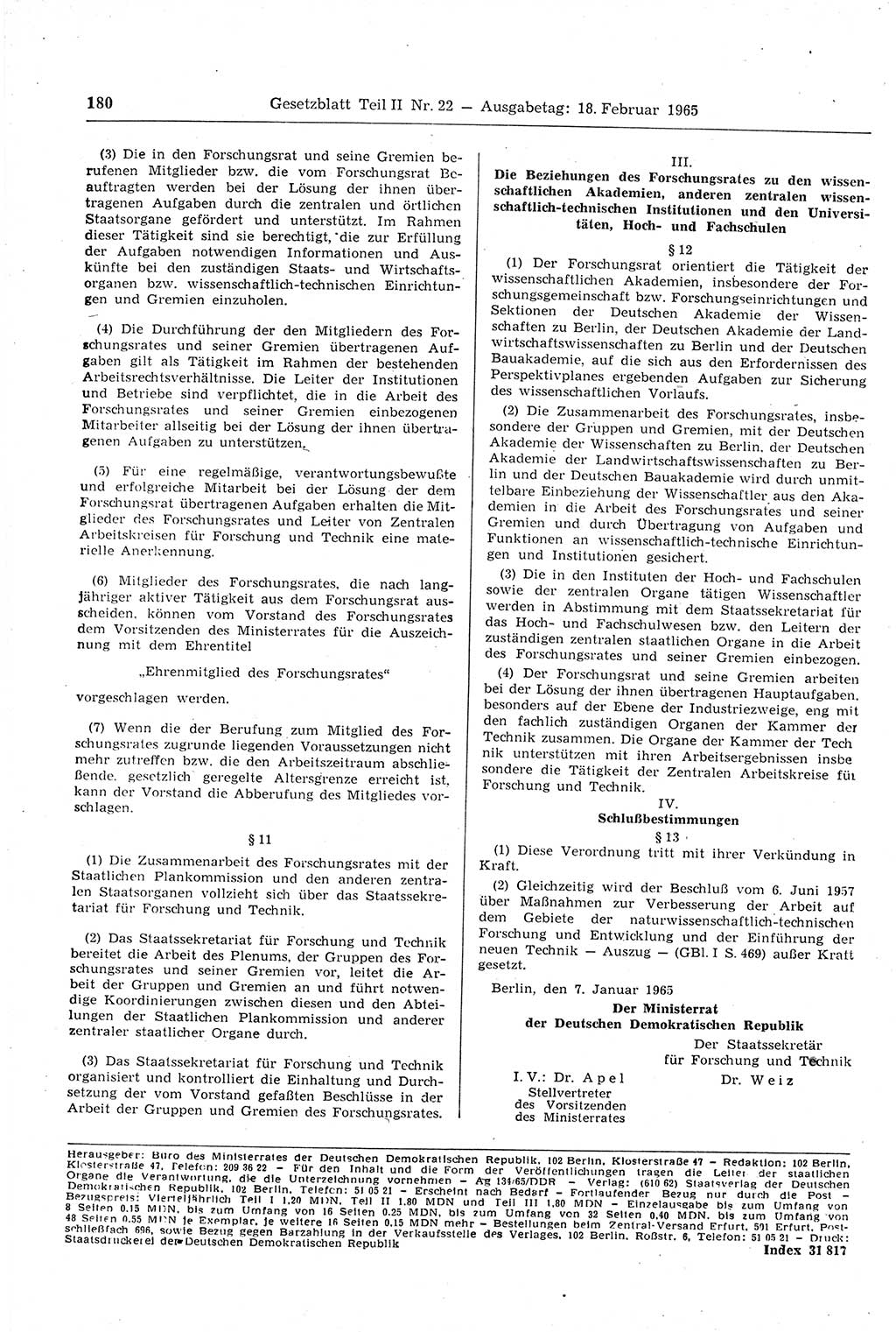 Gesetzblatt (GBl.) der Deutschen Demokratischen Republik (DDR) Teil ⅠⅠ 1965, Seite 180 (GBl. DDR ⅠⅠ 1965, S. 180)