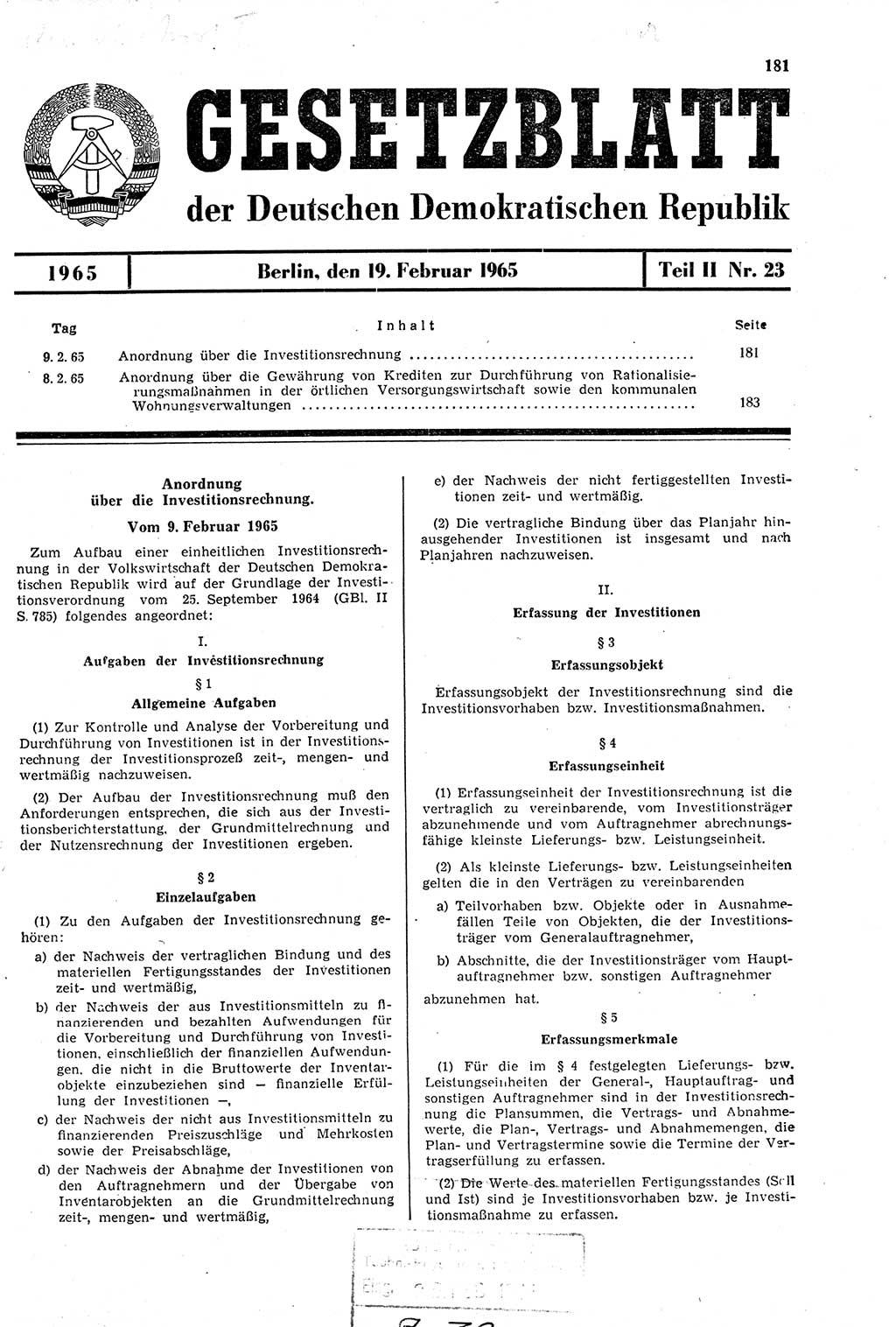 Gesetzblatt (GBl.) der Deutschen Demokratischen Republik (DDR) Teil ⅠⅠ 1965, Seite 181 (GBl. DDR ⅠⅠ 1965, S. 181)