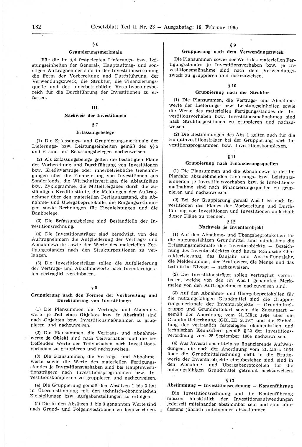 Gesetzblatt (GBl.) der Deutschen Demokratischen Republik (DDR) Teil ⅠⅠ 1965, Seite 182 (GBl. DDR ⅠⅠ 1965, S. 182)
