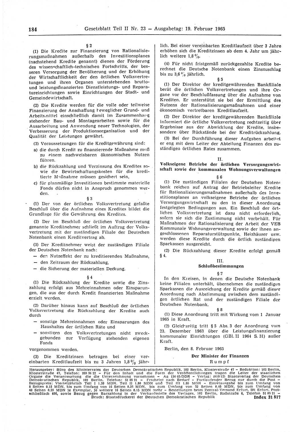 Gesetzblatt (GBl.) der Deutschen Demokratischen Republik (DDR) Teil ⅠⅠ 1965, Seite 184 (GBl. DDR ⅠⅠ 1965, S. 184)