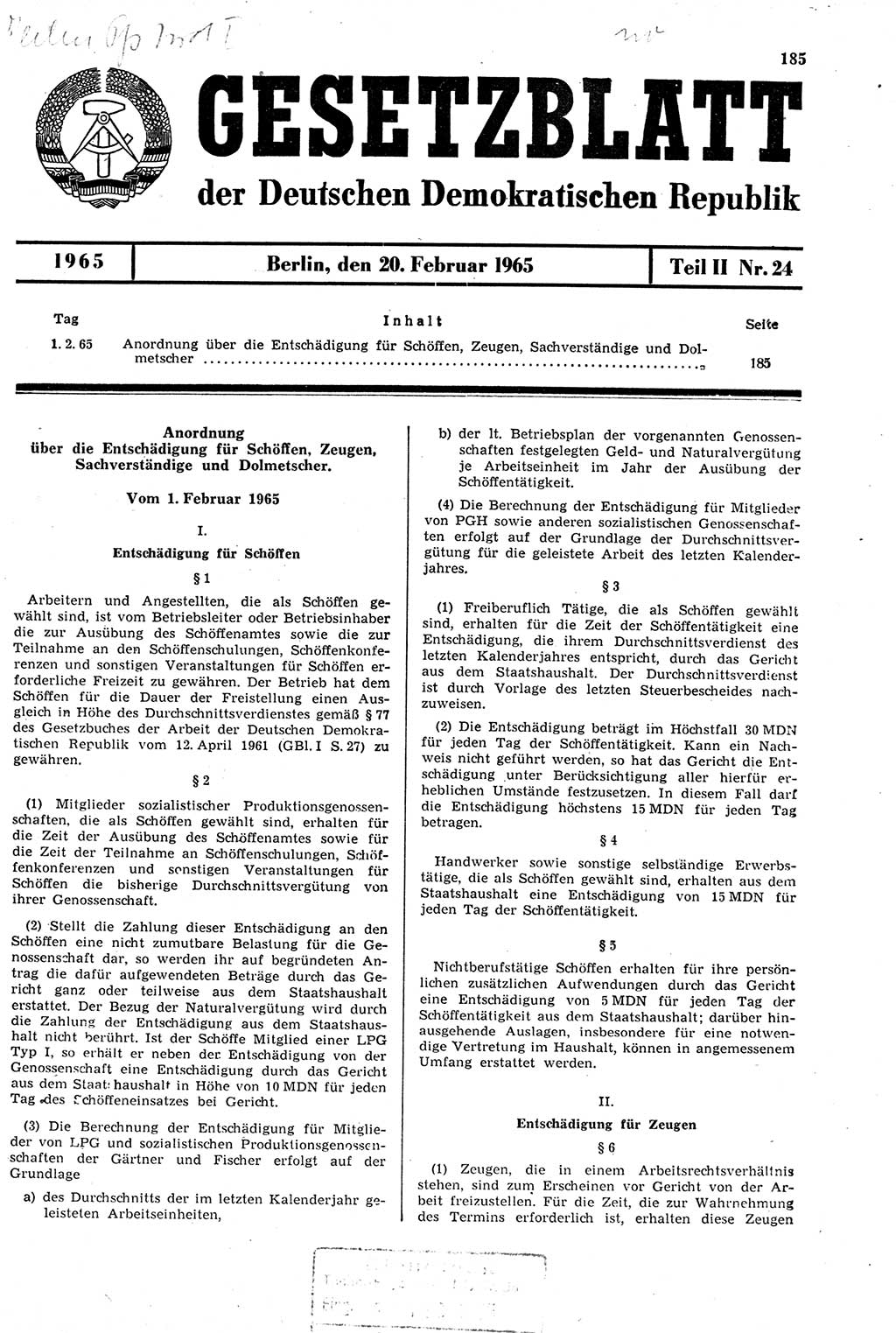 Gesetzblatt (GBl.) der Deutschen Demokratischen Republik (DDR) Teil ⅠⅠ 1965, Seite 185 (GBl. DDR ⅠⅠ 1965, S. 185)