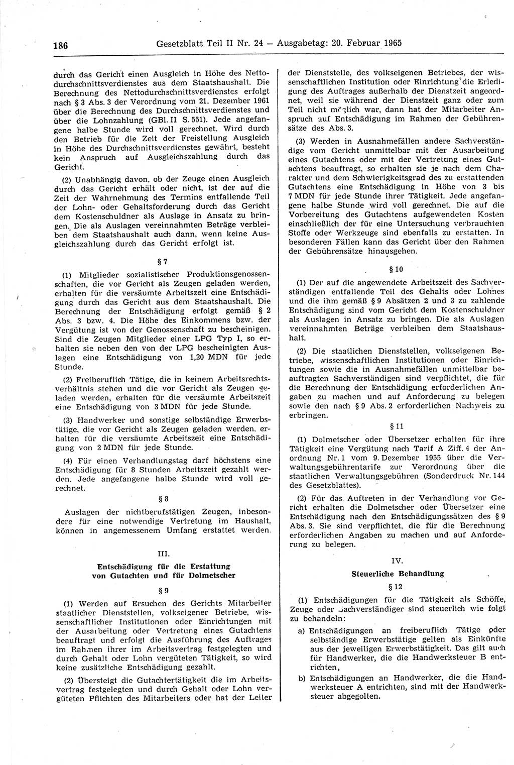 Gesetzblatt (GBl.) der Deutschen Demokratischen Republik (DDR) Teil ⅠⅠ 1965, Seite 186 (GBl. DDR ⅠⅠ 1965, S. 186)