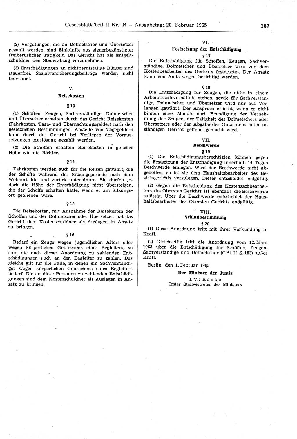Gesetzblatt (GBl.) der Deutschen Demokratischen Republik (DDR) Teil ⅠⅠ 1965, Seite 187 (GBl. DDR ⅠⅠ 1965, S. 187)