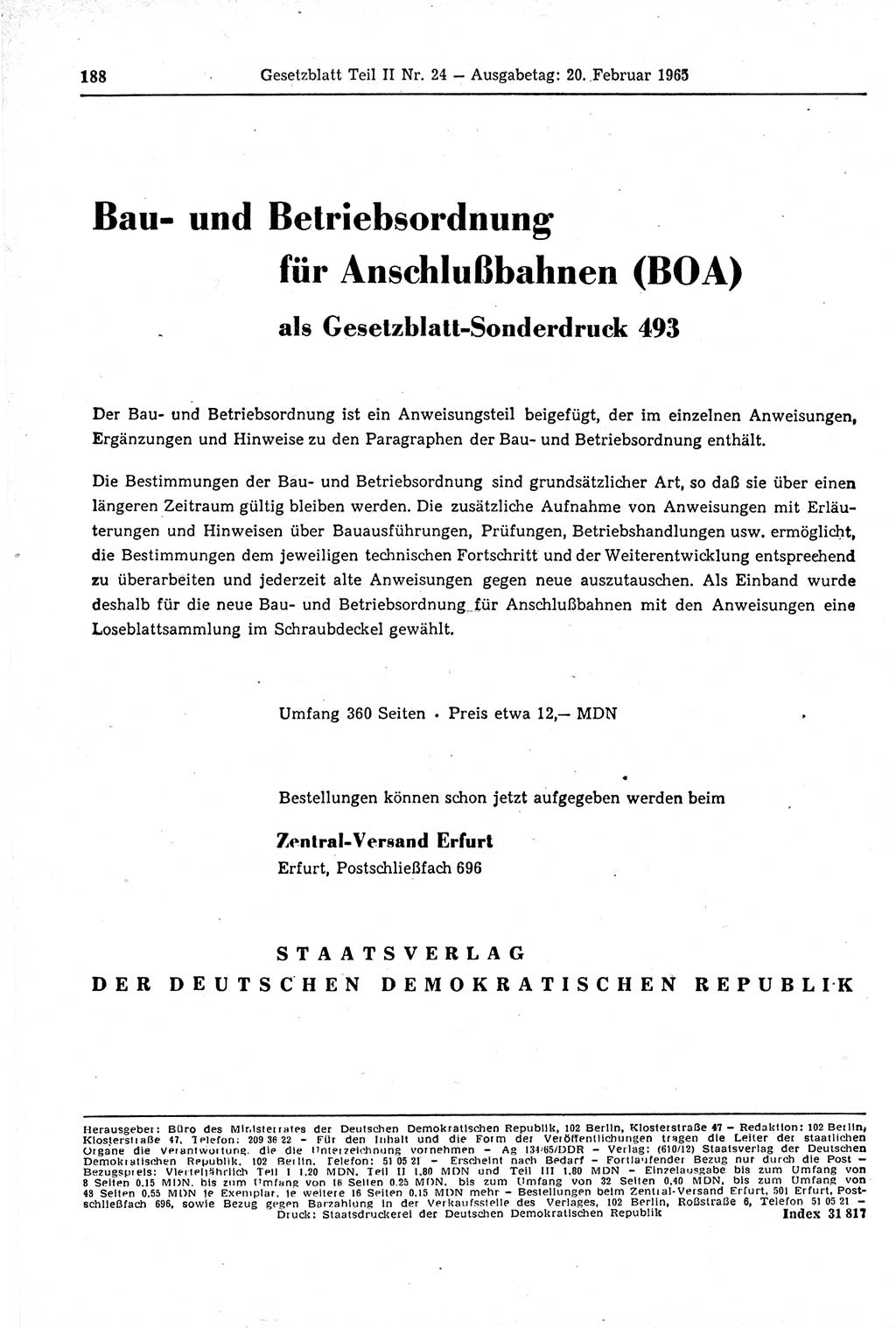 Gesetzblatt (GBl.) der Deutschen Demokratischen Republik (DDR) Teil ⅠⅠ 1965, Seite 188 (GBl. DDR ⅠⅠ 1965, S. 188)