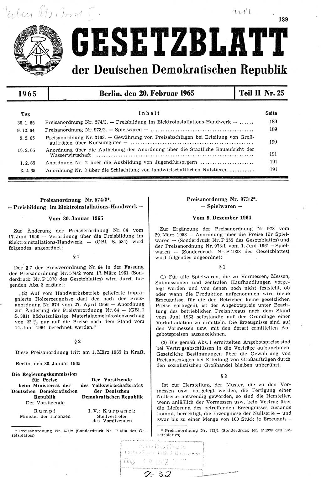 Gesetzblatt (GBl.) der Deutschen Demokratischen Republik (DDR) Teil ⅠⅠ 1965, Seite 189 (GBl. DDR ⅠⅠ 1965, S. 189)