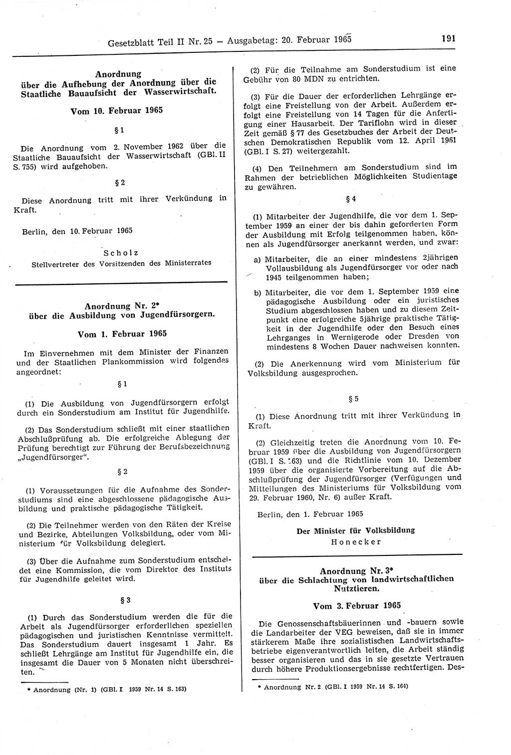 Gesetzblatt (GBl.) der Deutschen Demokratischen Republik (DDR) Teil ⅠⅠ 1965, Seite 191 (GBl. DDR ⅠⅠ 1965, S. 191)