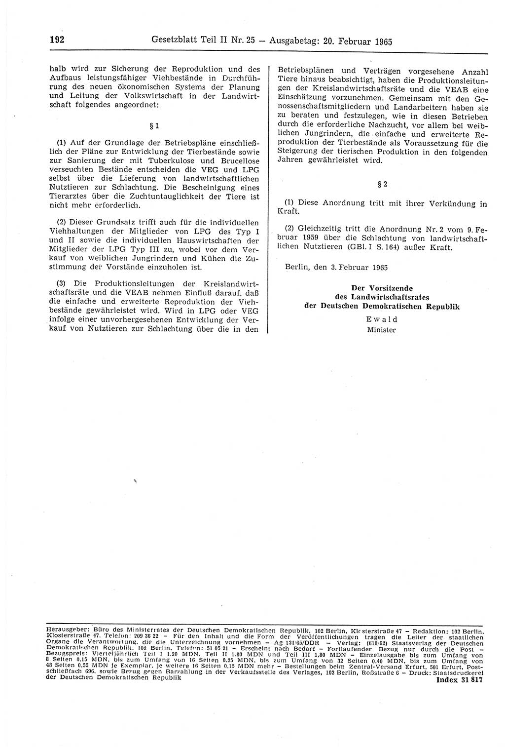 Gesetzblatt (GBl.) der Deutschen Demokratischen Republik (DDR) Teil ⅠⅠ 1965, Seite 192 (GBl. DDR ⅠⅠ 1965, S. 192)